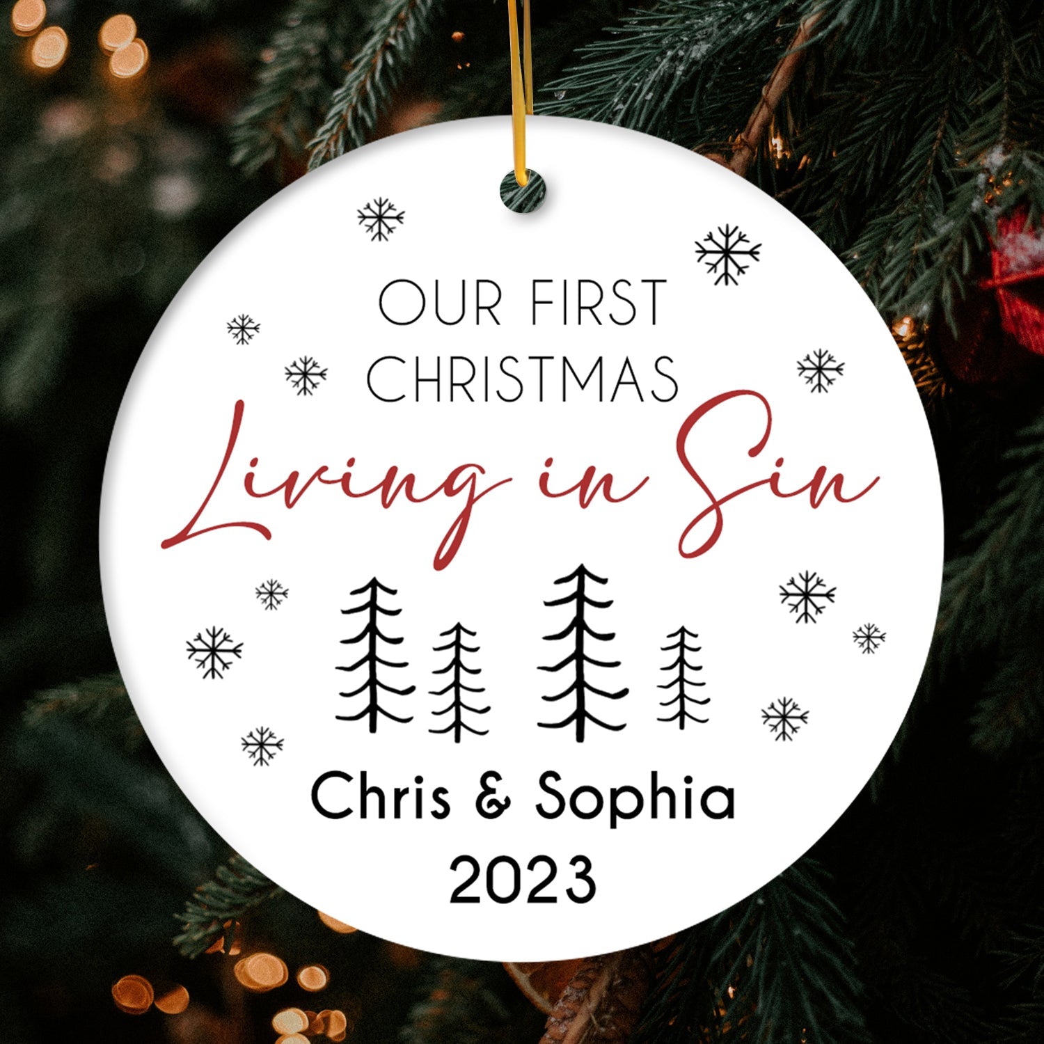Our First Christmas Living In Sin - Personalized First Christmas gift for Husband or Wife - Custom Circle Ceramic Ornament - MyMindfulGifts