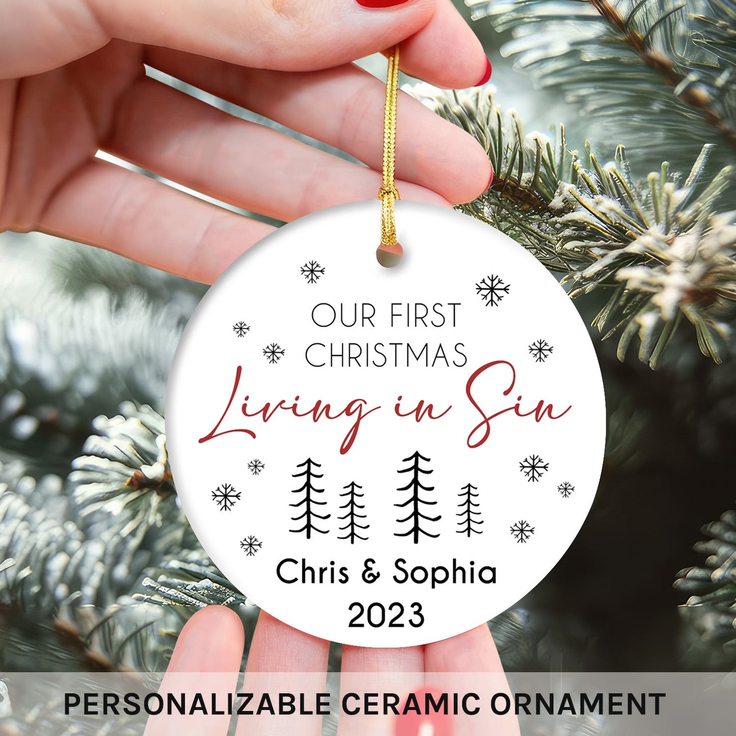 Our First Christmas Living In Sin - Personalized First Christmas gift for Husband or Wife - Custom Circle Ceramic Ornament - MyMindfulGifts