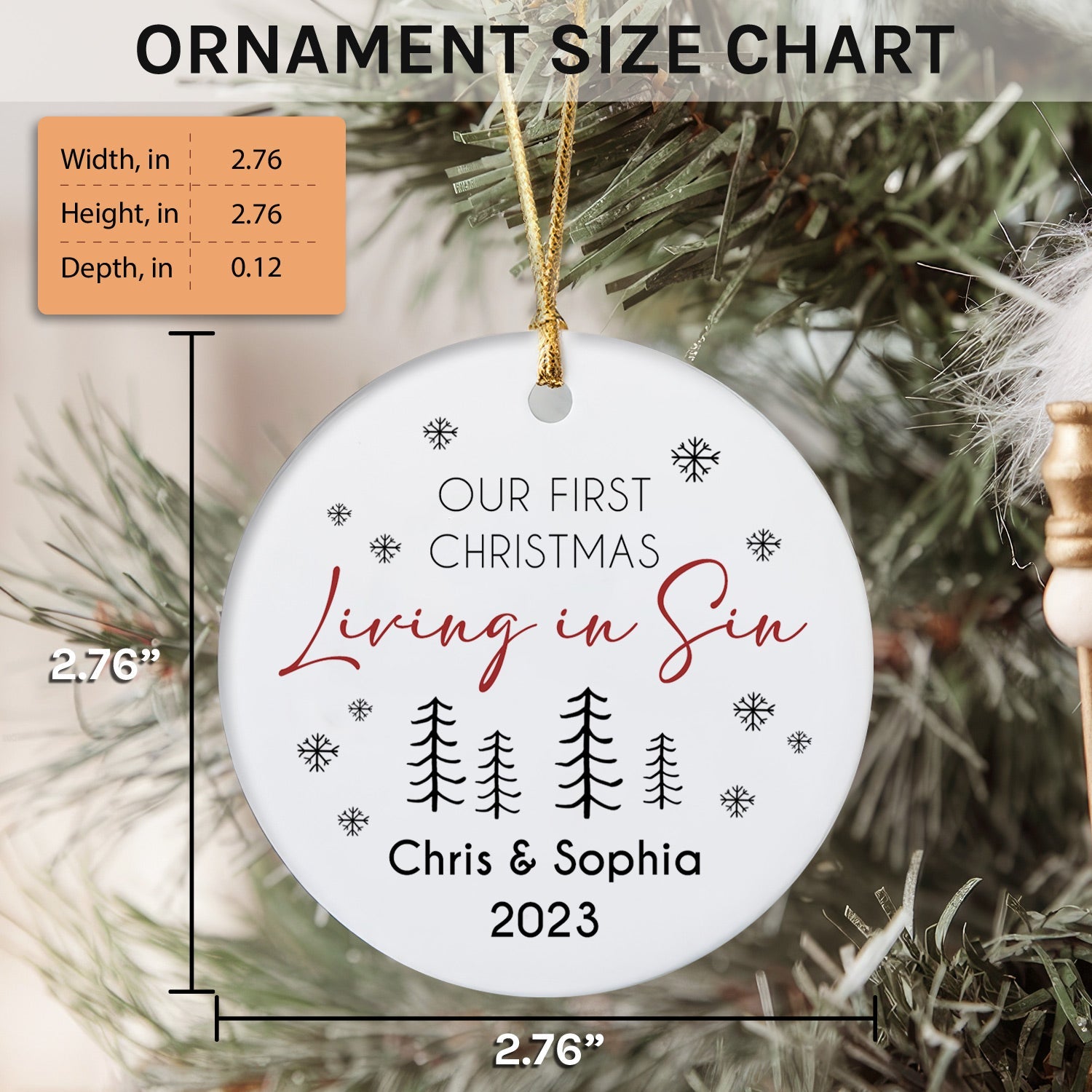 Our First Christmas Living In Sin - Personalized First Christmas gift for Husband or Wife - Custom Circle Ceramic Ornament - MyMindfulGifts