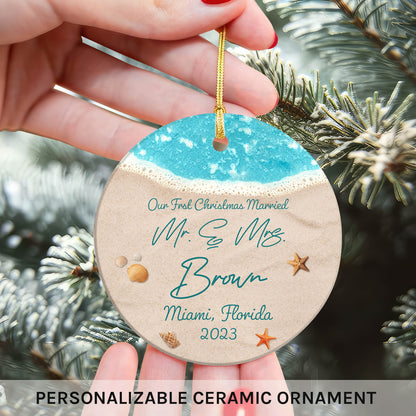 Our First Christmas Married - Personalized First Christmas gift for Husband or Wife - Custom Circle Ceramic Ornament - MyMindfulGifts