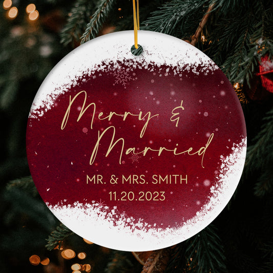 Merry & Married - Personalized Christmas gift for Husband or Wife - Custom Circle Ceramic Ornament - MyMindfulGifts