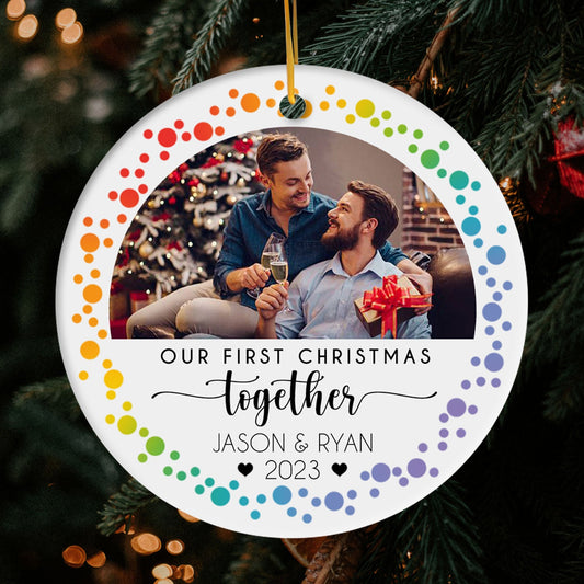 Our First Christmas Together - Personalized First Christmas gift for LGBT Couple - Custom Circle Ceramic Ornament - MyMindfulGifts