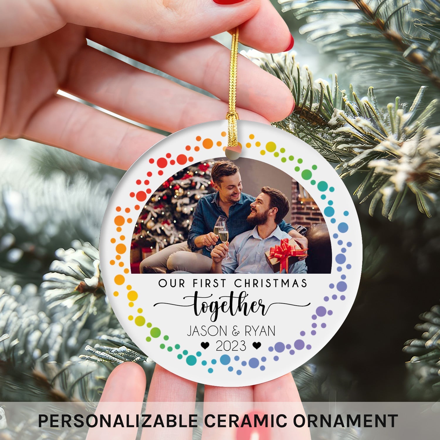 Our First Christmas Together - Personalized First Christmas gift for LGBT Couple - Custom Circle Ceramic Ornament - MyMindfulGifts