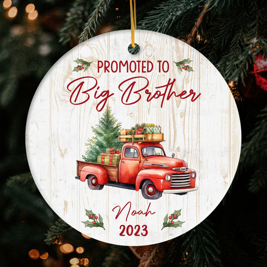 Promoted To Big Brother - Personalized First Christmas gift for New Brother - Custom Circle Ceramic Ornament - MyMindfulGifts