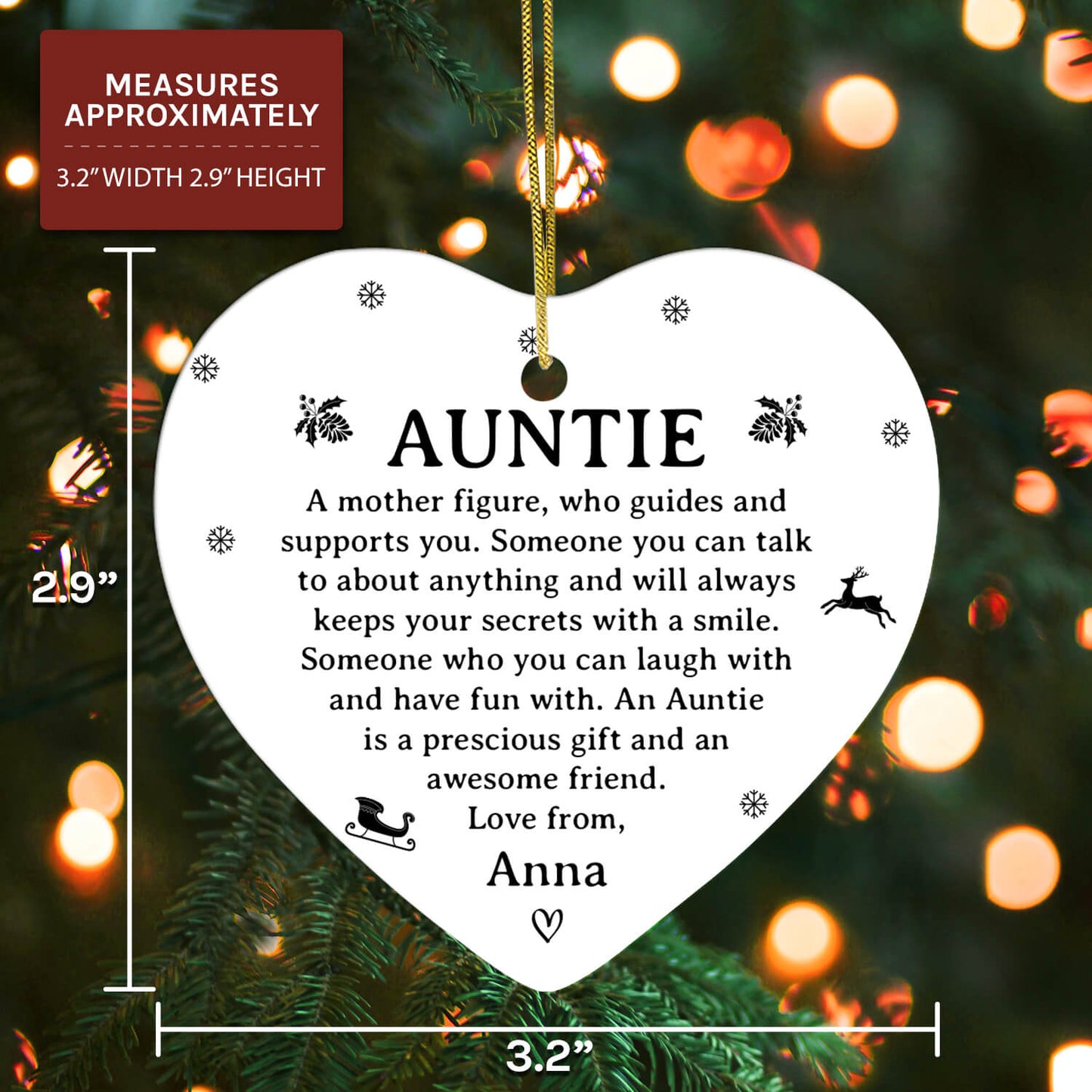 Auntie - Personalized Birthday or Christmas gift for Aunt - Custom Heart Ceramic Ornament - MyMindfulGifts