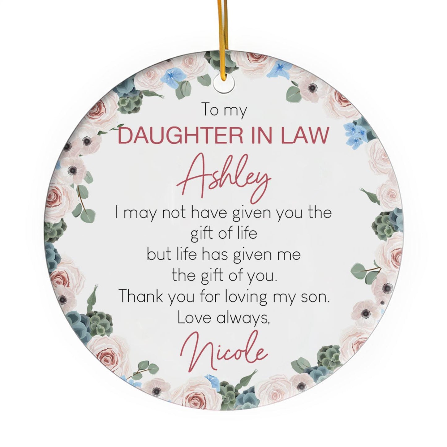 To My Mother In Law - Personalized Birthday or Christmas gift for Daughter In Law - Custom Circle Ceramic Ornament - MyMindfulGifts