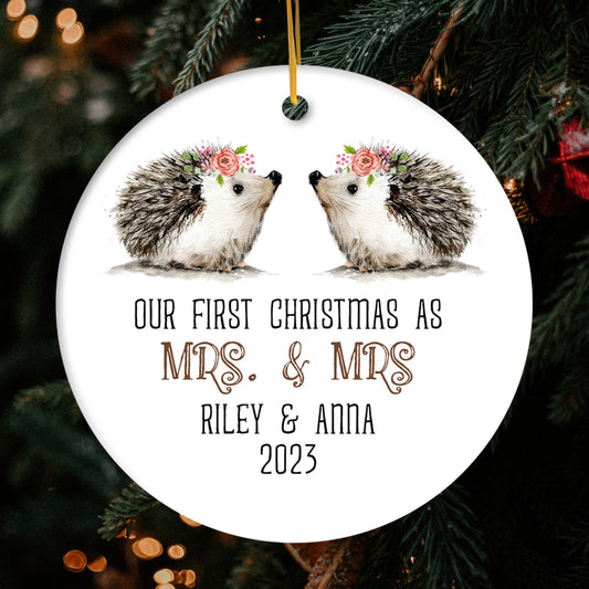 Our First Christmas As Mrs. & Mrs. - Personalized First Christmas gift for Lesbian Couple - Custom Circle Ceramic Ornament - MyMindfulGifts
