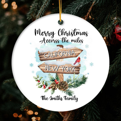 Merry Christmas Accorss The Miles - Personalized Christmas gift For Long Distance Friends - Custom Circle Ceramic Ornament - MyMindfulGifts