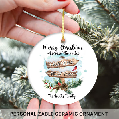 Merry Christmas Accorss The Miles - Personalized Christmas gift For Long Distance Friends - Custom Circle Ceramic Ornament - MyMindfulGifts