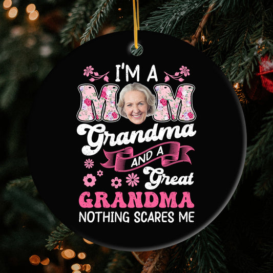 I'm A Mom, Grandma And A Great Grandma - Personalized Mother's Day, Birthday or Christmas gift For Great Grandma - Custom Circle Ceramic Ornament - MyMindfulGifts