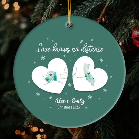 Love Knows No Distance - Personalized Christmas gift For Couple, For Family, For Friends - Custom Circle Ceramic Ornament - MyMindfulGifts