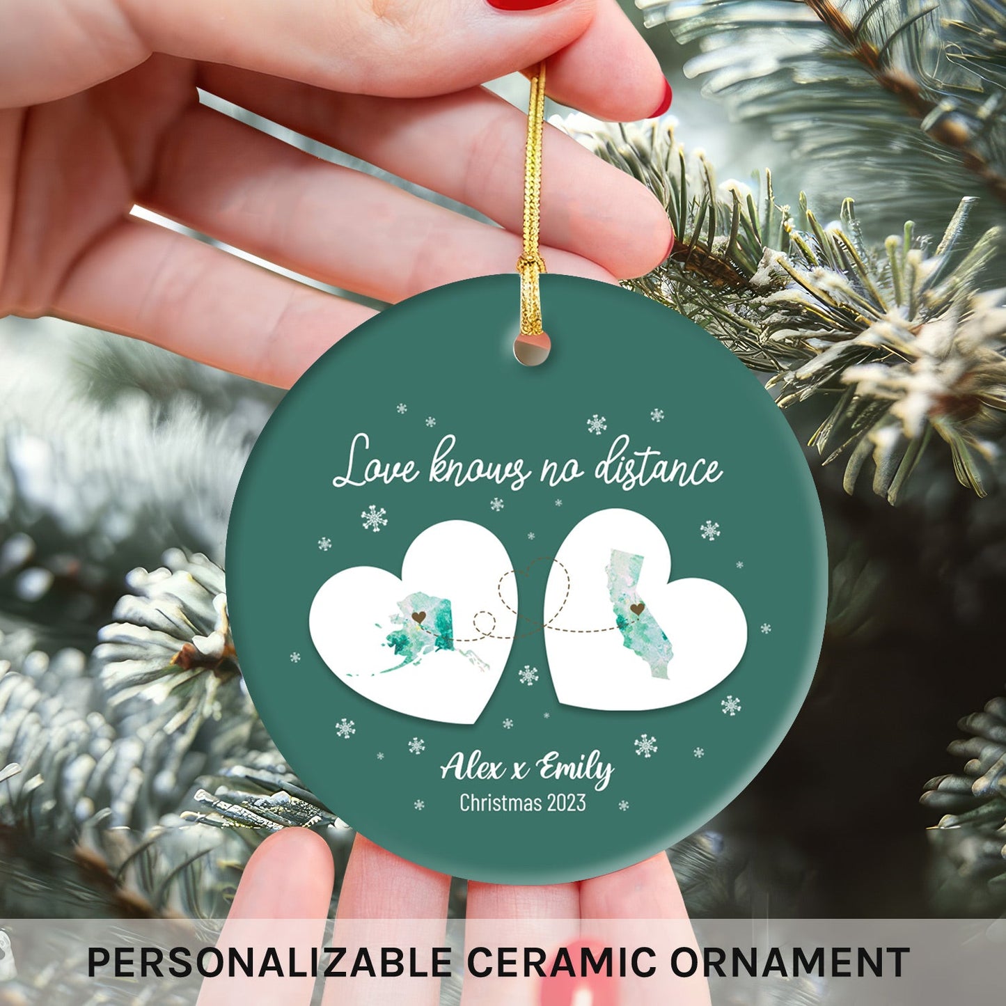 Love Knows No Distance - Personalized Christmas gift For Couple, For Family, For Friends - Custom Circle Ceramic Ornament - MyMindfulGifts