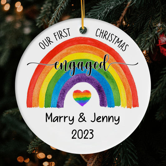 First Christmas Engaged - Personalized First Christmas gift For LGBT Fiance - Custom Circle Ceramic Ornament - MyMindfulGifts