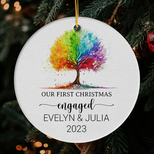 Our First Christmas Engaged - Personalized First Christmas gift For LGBT Fiance - Custom Circle Ceramic Ornament - MyMindfulGifts