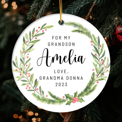 For My Grandson - Personalized Christmas gift For Grandson - Custom Circle Ceramic Ornament - MyMindfulGifts