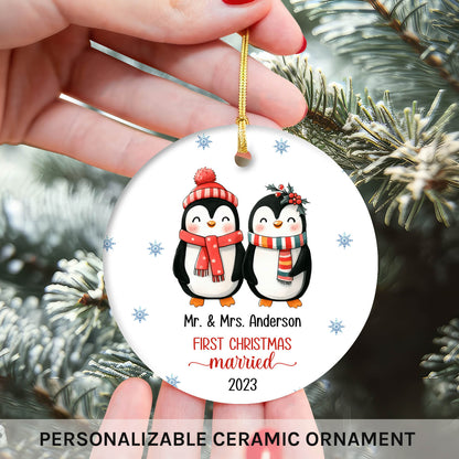 Mr. & Mrs. Penguin First Christmas Married - Personalized  gift For Husband or Wife - Custom Circle Ceramic Ornament - MyMindfulGifts