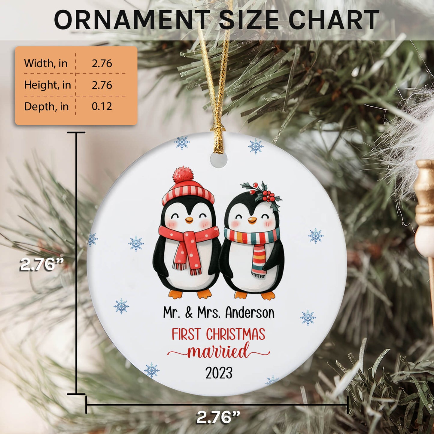 Mr. & Mrs. Penguin First Christmas Married - Personalized  gift For Husband or Wife - Custom Circle Ceramic Ornament - MyMindfulGifts