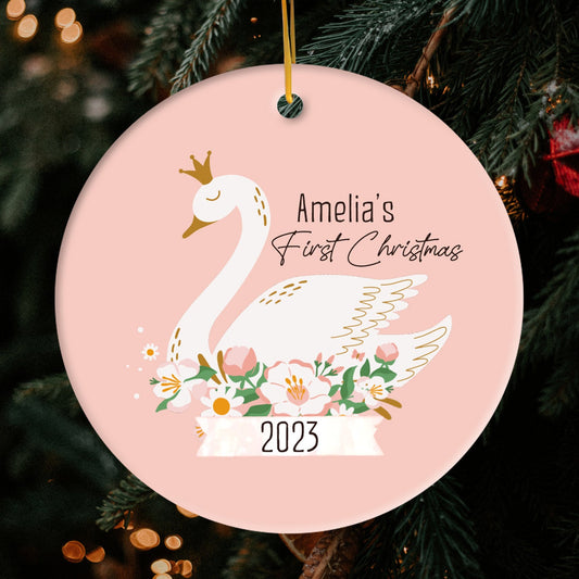First Christmas Swan - Personalized First Christmas gift For Baby - Custom Circle Ceramic Ornament - MyMindfulGifts