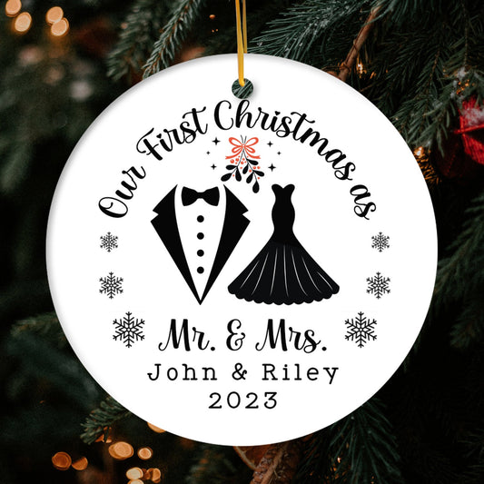 Our First Christmas as Mr. & Mrs. - Personalized First Christmas gift For Husband or Wife - Custom Circle Ceramic Ornament - MyMindfulGifts