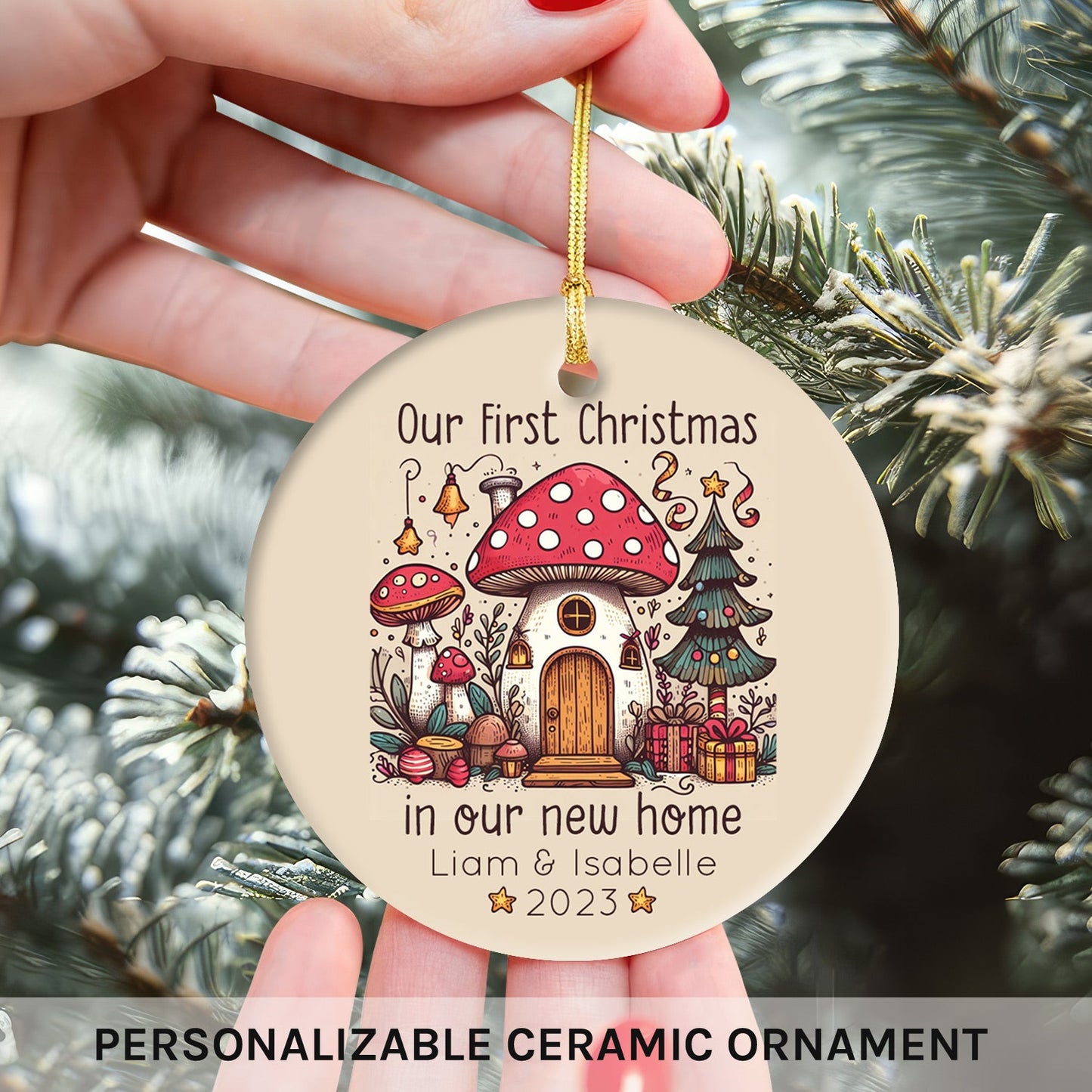 First Christmas In Our New Home Mushroom House - Personalized First Christmas gift For Family - Custom Circle Ceramic Ornament - MyMindfulGifts