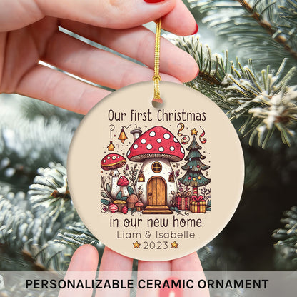 First Christmas In Our New Home Mushroom House - Personalized First Christmas gift For Family - Custom Circle Ceramic Ornament - MyMindfulGifts