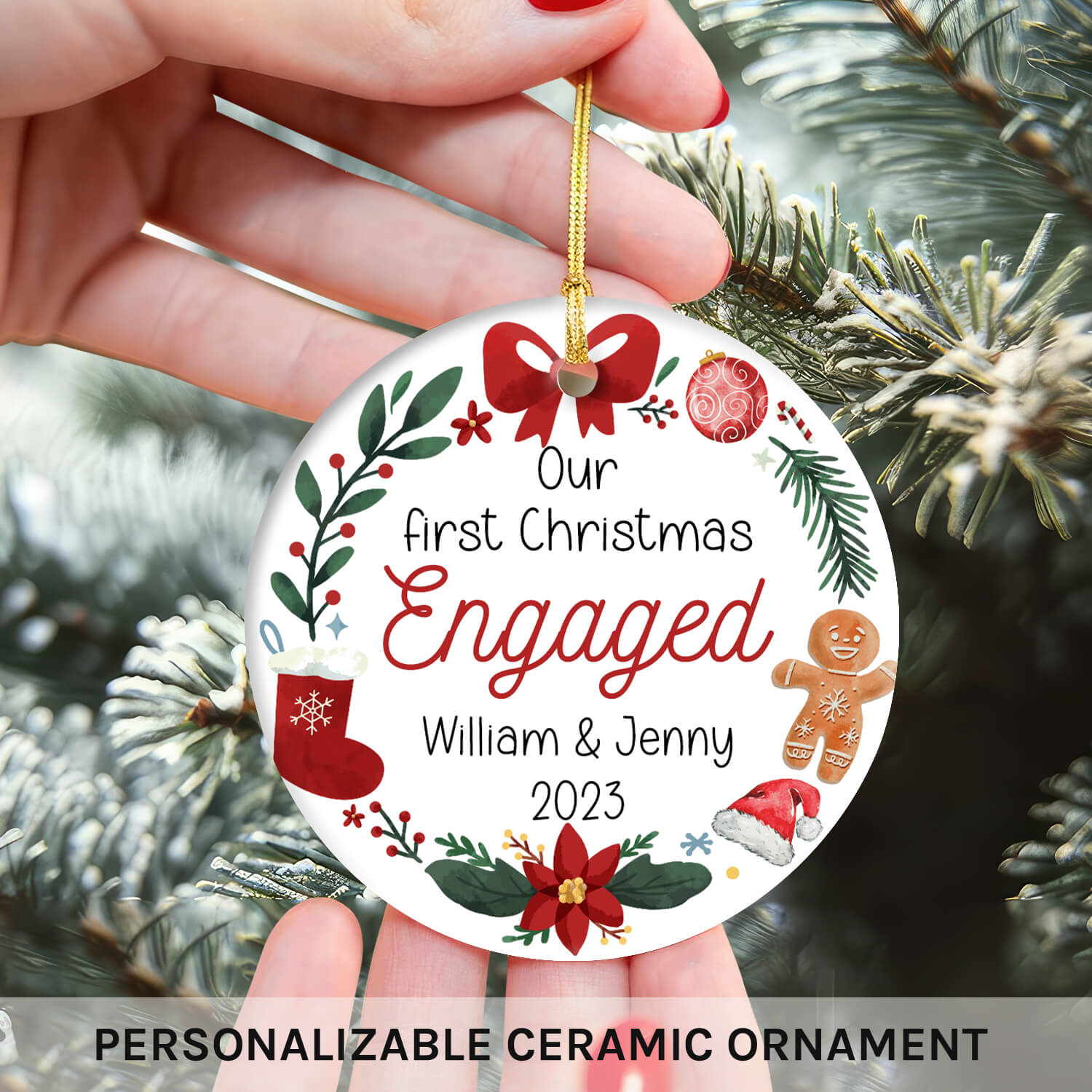 Our First Christmas Engaged - Personalized First Christmas gift For Fiance - Custom Circle Ceramic Ornament - MyMindfulGifts