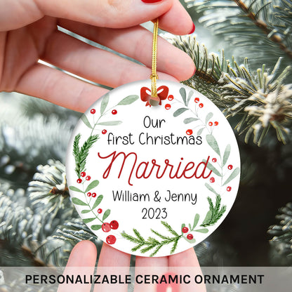 Our First Christmas Married - Personalized First Christmas gift For Husband or Wife - Custom Circle Ceramic Ornament - MyMindfulGifts
