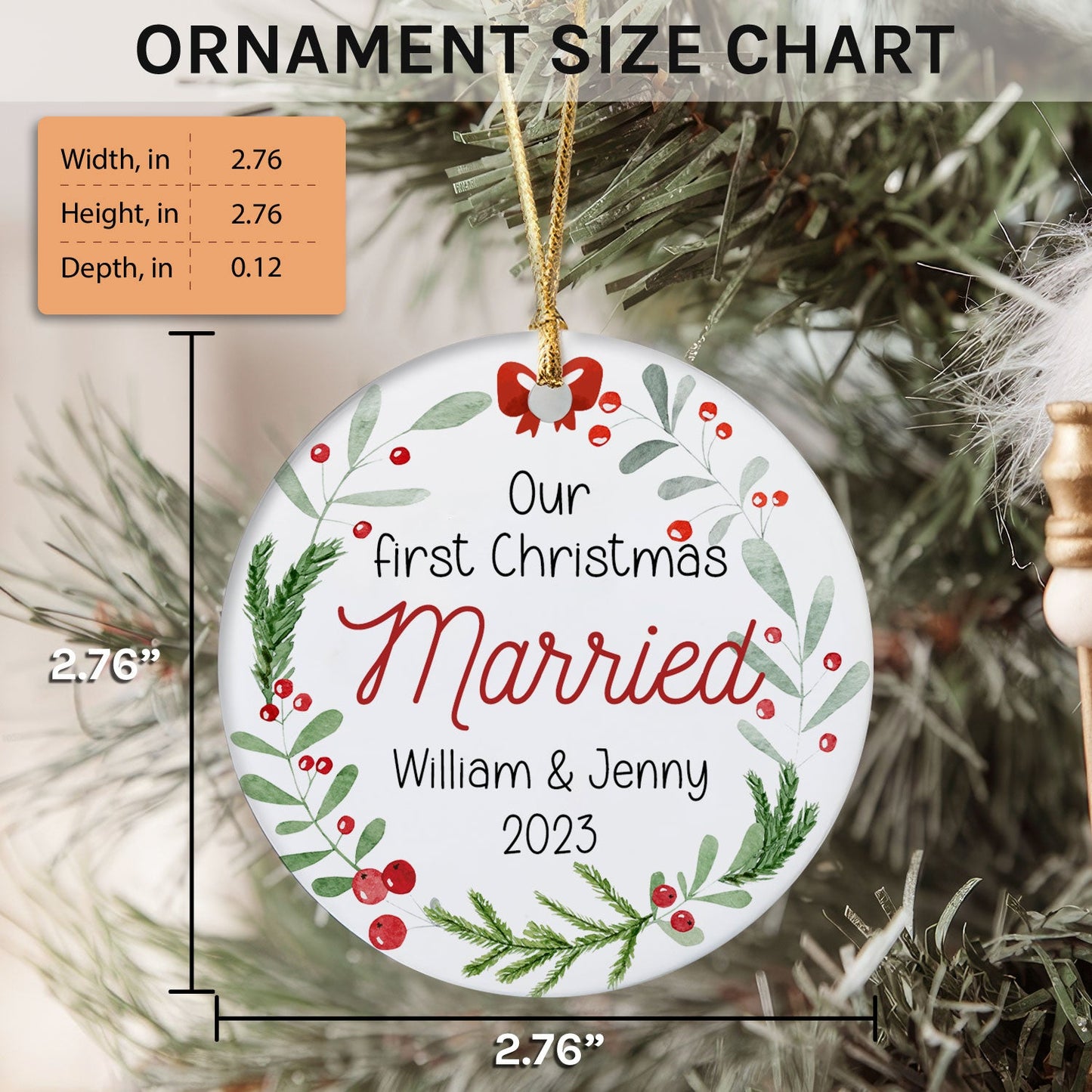 Our First Christmas Married - Personalized First Christmas gift For Husband or Wife - Custom Circle Ceramic Ornament - MyMindfulGifts