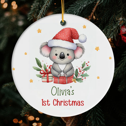 Koala Baby's 1st Christmas - Personalized First Christmas gift For Baby - Custom Circle Ceramic Ornament - MyMindfulGifts