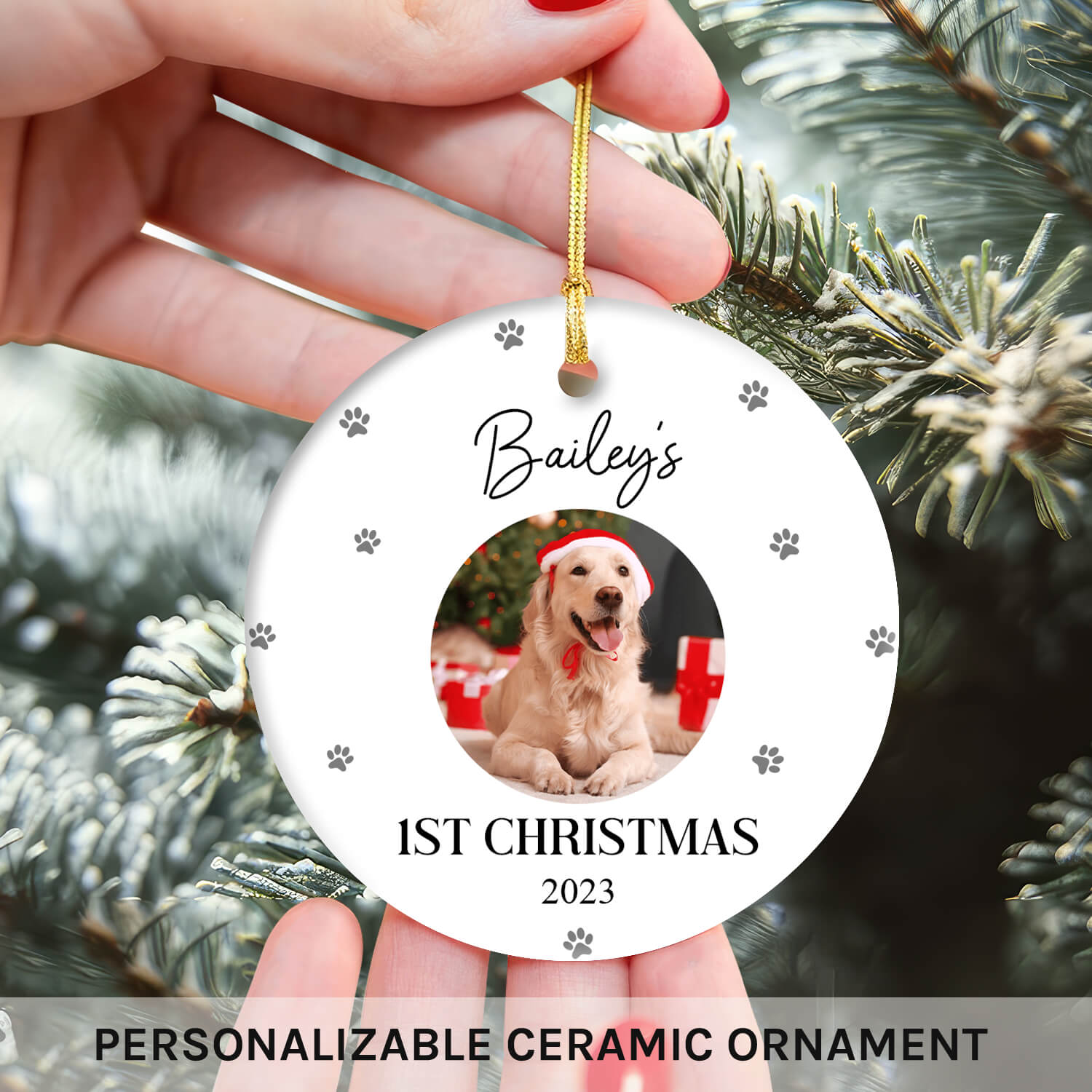 Dog First Christmas - Personalized First Christmas gift For Dog Lovers - Custom Circle Ceramic Ornament - MyMindfulGifts