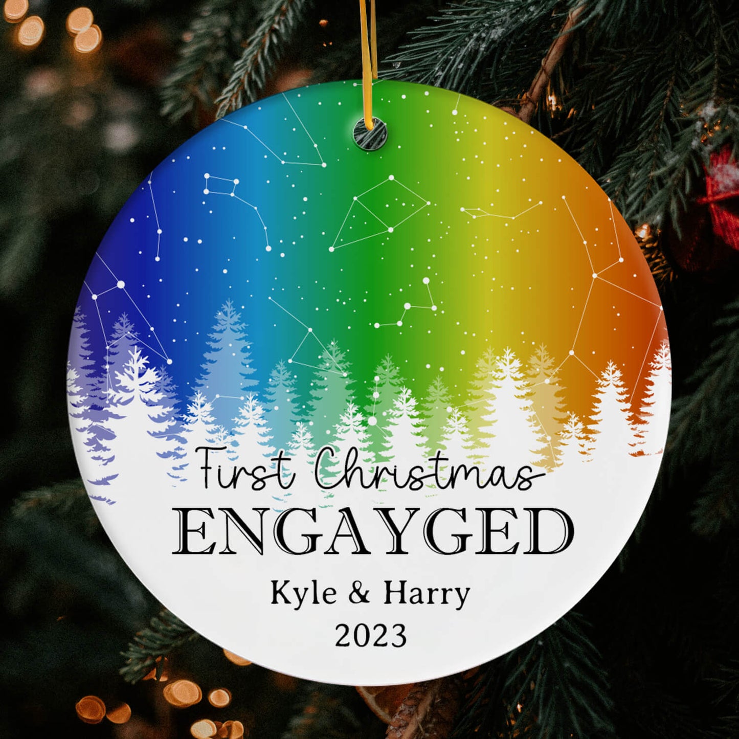 First Christmas Engayged - Personalized First Christmas gift For LGBT Fiance - Custom Circle Ceramic Ornament - MyMindfulGifts