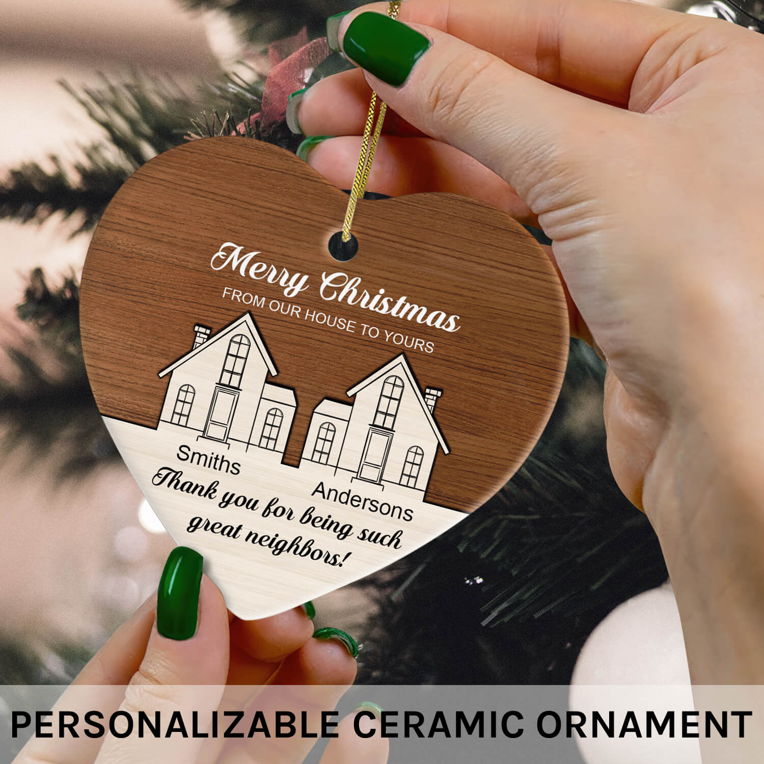 Merry Christmas From Our House To Yours - Personalized Christmas gift For Neighbor - Custom Heart Ceramic Ornament - MyMindfulGifts