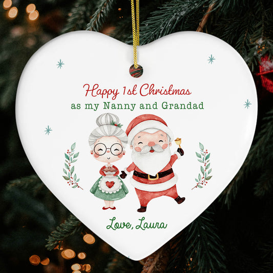 1st Christmas As My Nanny And Grandad - Personalized First Christmas gift For Grandparents - Custom Heart Ceramic Ornament - MyMindfulGifts