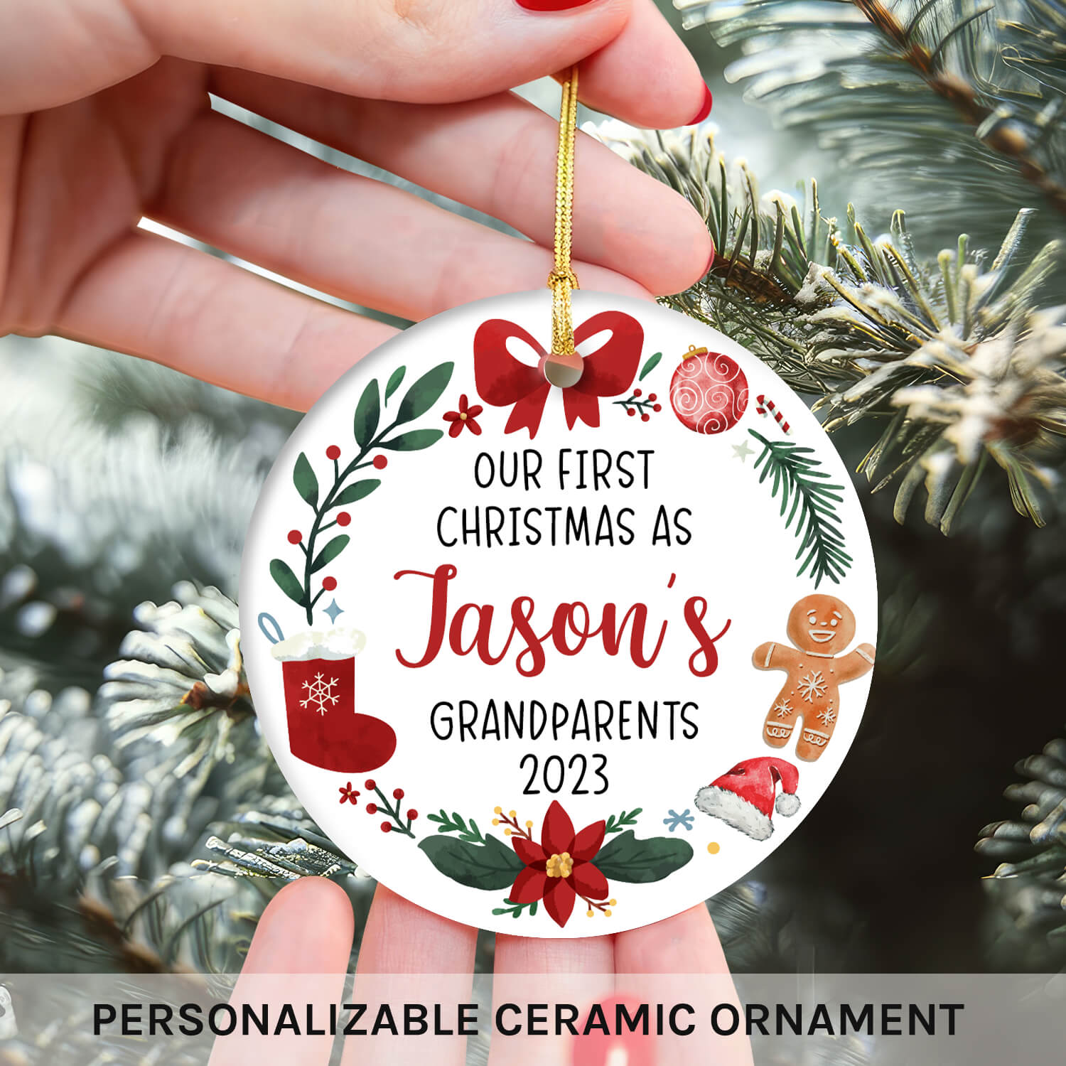 First Christmas As Grandparents - Personalized First Christmas gift For Grandparents - Custom Circle Ceramic Ornament - MyMindfulGifts