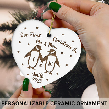 Our First Christmas as Mr. & Mrs. - Personalized First Christmas gift For Husband or Wife - Custom Heart Ceramic Ornament - MyMindfulGifts