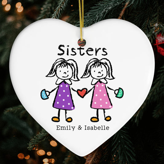 Sisters - Personalized Birthday or Christmas gift For Sister - Custom Heart Ceramic Ornament - MyMindfulGifts