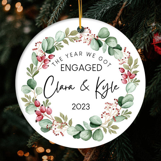 The Year We Got Engaged - Personalized First Christmas gift For Fiance - Custom Circle Ceramic Ornament - MyMindfulGifts