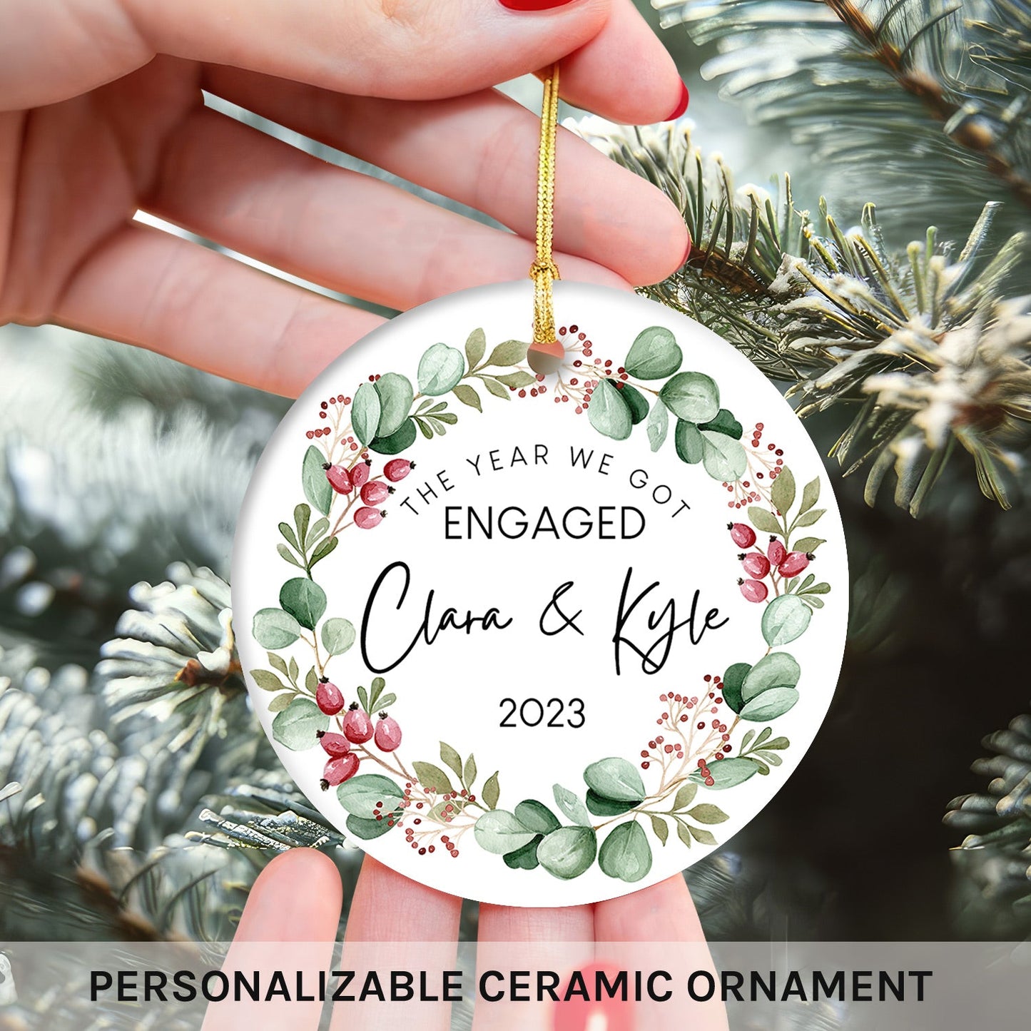 The Year We Got Engaged - Personalized First Christmas gift For Fiance - Custom Circle Ceramic Ornament - MyMindfulGifts