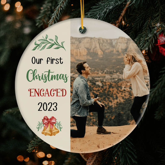 Our First Christmas Engaged - Personalized First Christmas gift For Fiance - Custom Circle Ceramic Ornament - MyMindfulGifts