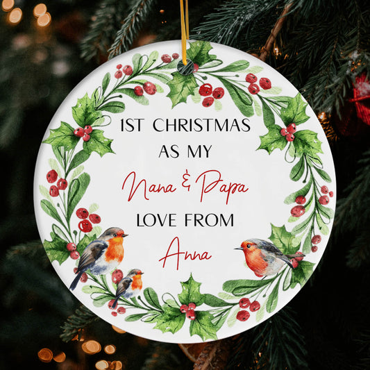 1st Christmas As My Nana & Papa - Personalized First Christmas gift For Grandparents - Custom Circle Ceramic Ornament - MyMindfulGifts