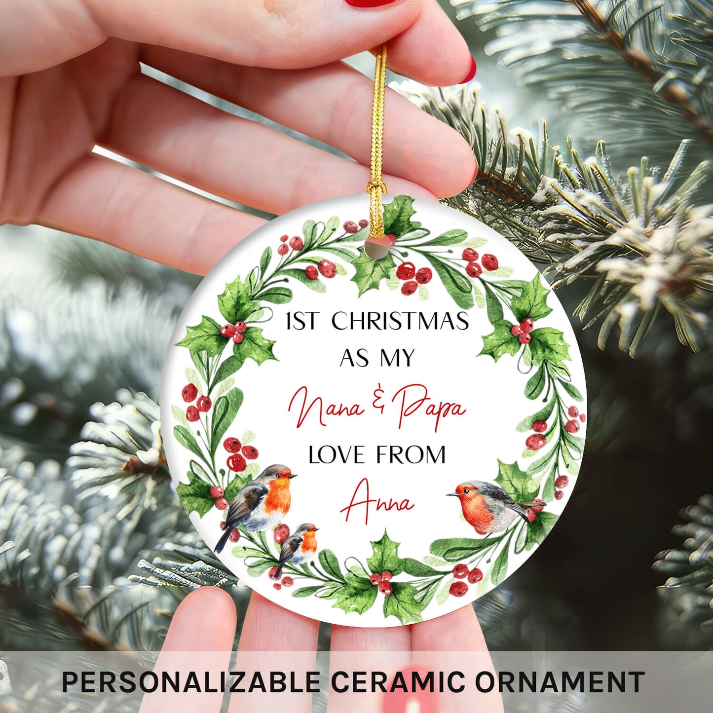 1st Christmas As My Nana & Papa - Personalized First Christmas gift For Grandparents - Custom Circle Ceramic Ornament - MyMindfulGifts