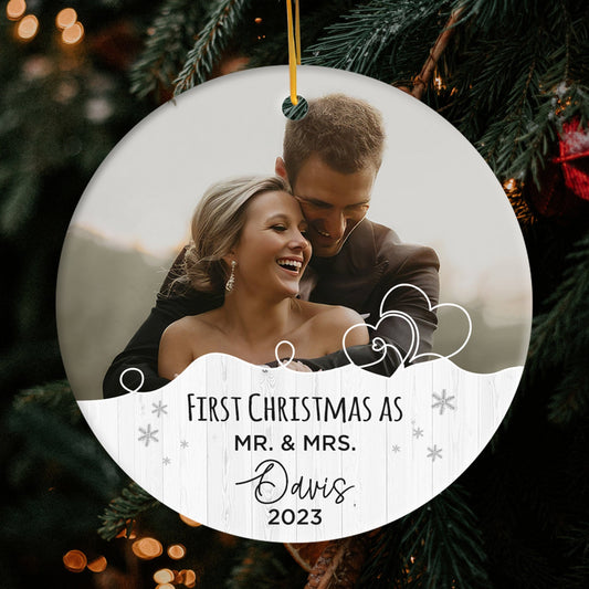 First Christmas As - Personalized First Christmas gift For Husband or Wife - Custom Circle Ceramic Ornament - MyMindfulGifts