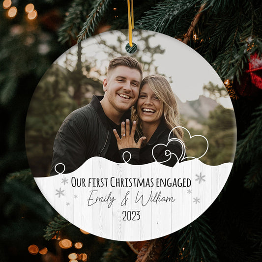 First Christmas Engaged - Personalized First Christmas gift For Fiance - Custom Circle Ceramic Ornament - MyMindfulGifts