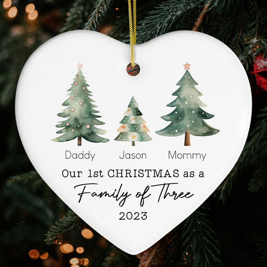 Our 1st Christmas As A Family Of Three - Personalized First Christmas gift For Family - Custom Heart Ceramic Ornament - MyMindfulGifts
