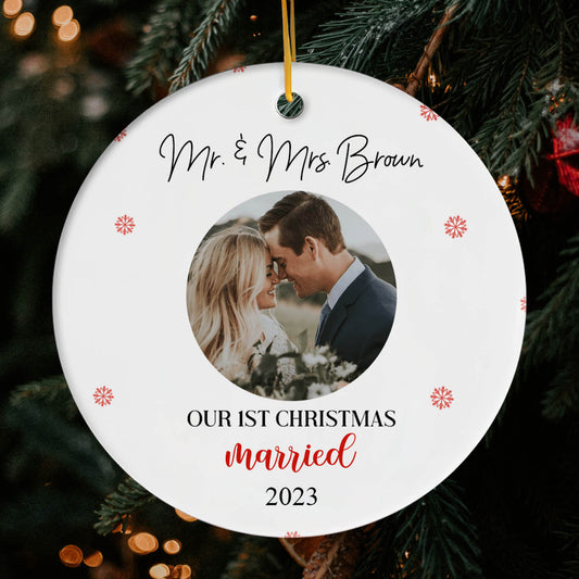 First Christmas Married - Personalized First Christmas gift For Husband or Wife - Custom Circle Ceramic Ornament - MyMindfulGifts