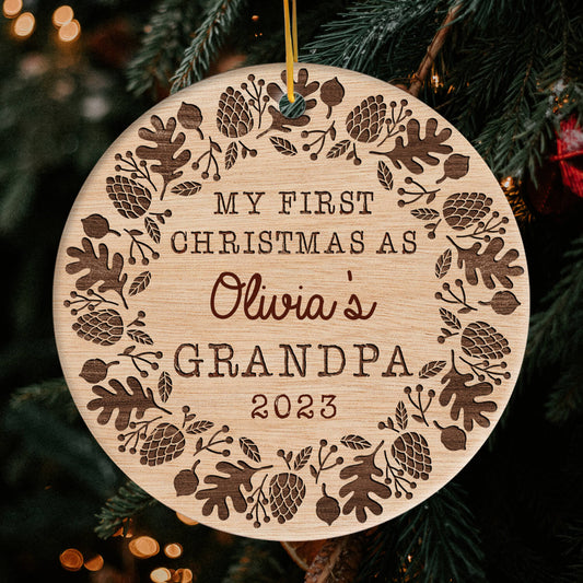 First Christmas As Grandpa - Personalized First Christmas gift For Grandpa - Custom Circle Ceramic Ornament - MyMindfulGifts