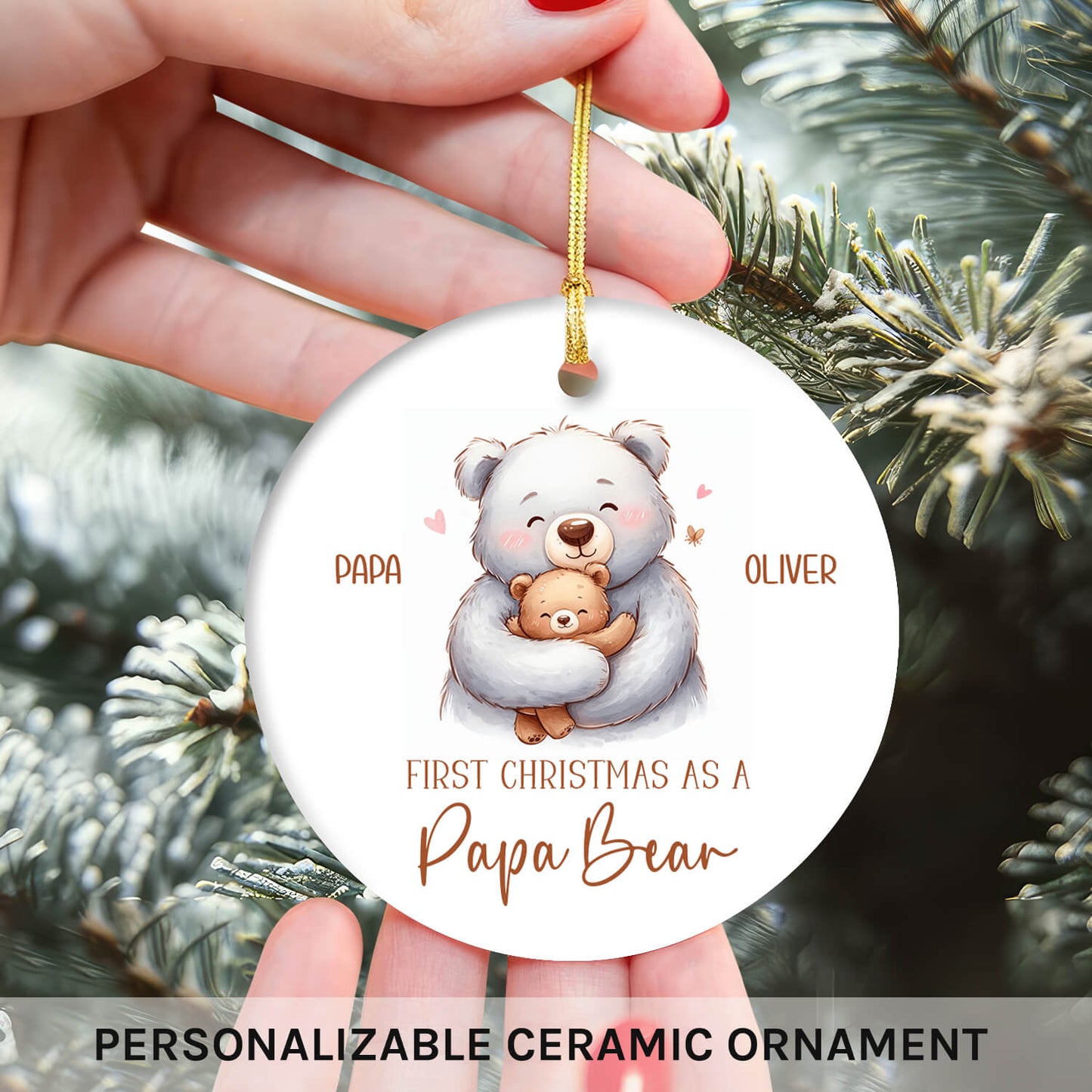 First Christmas As A Papa Bear - Personalized First Christmas gift For New Dad - Custom Circle Ceramic Ornament - MyMindfulGifts