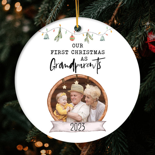 Our First Christmas as Grandparents - Personalized First Christmas gift For Grandparents - Custom Circle Ceramic Ornament - MyMindfulGifts