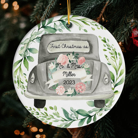 First Christmas as Mr. & Mrs. - Personalized First Christmas gift For Husband or Wife - Custom Circle Ceramic Ornament - MyMindfulGifts