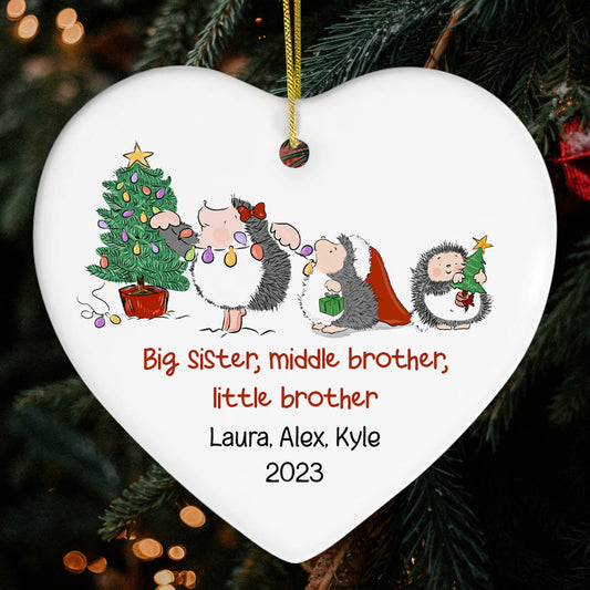 Hedgehog Siblings - Personalized Christmas gift For Siblings - Custom Heart Ceramic Ornament - MyMindfulGifts